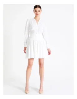 Organic Cotton Broderie Gathered Waist Mini Shirt Dress In White