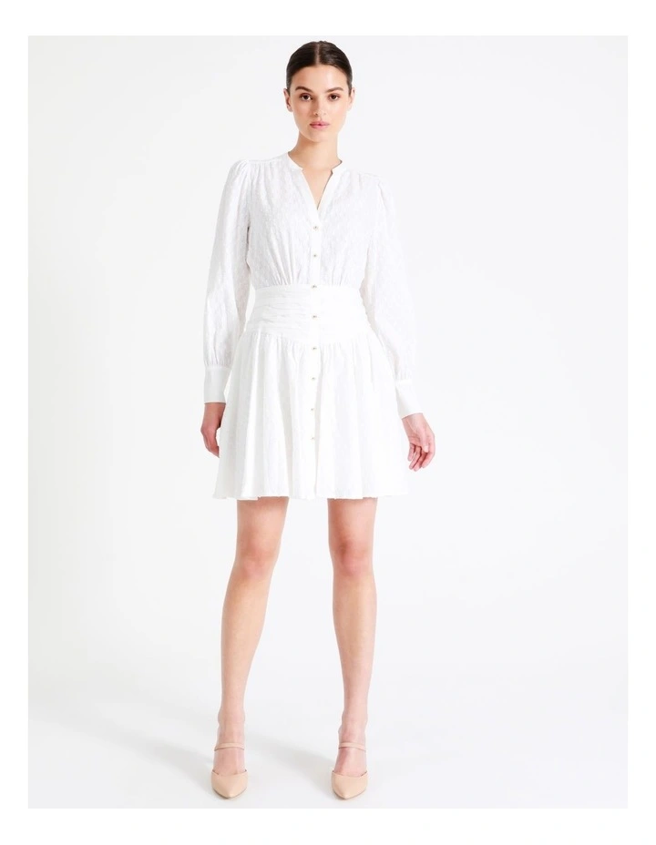 Organic Cotton Broderie Gathered Waist Mini Shirt Dress In White