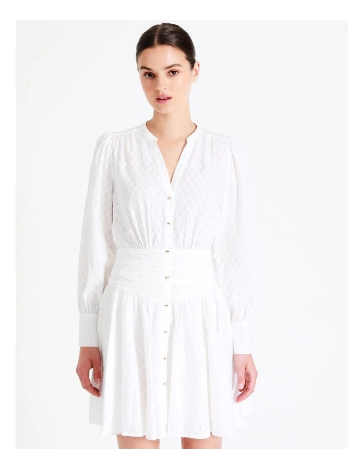 Organic Cotton Broderie Gathered Waist Mini Shirt Dress In White - Image 2