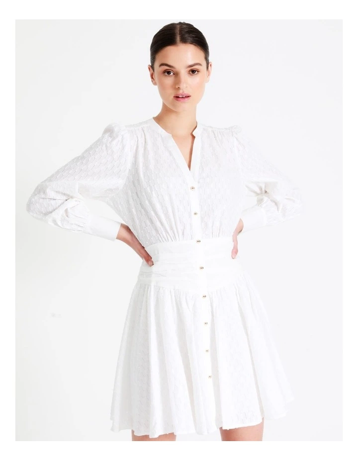 Organic Cotton Broderie Gathered Waist Mini Shirt Dress In White - Image 3