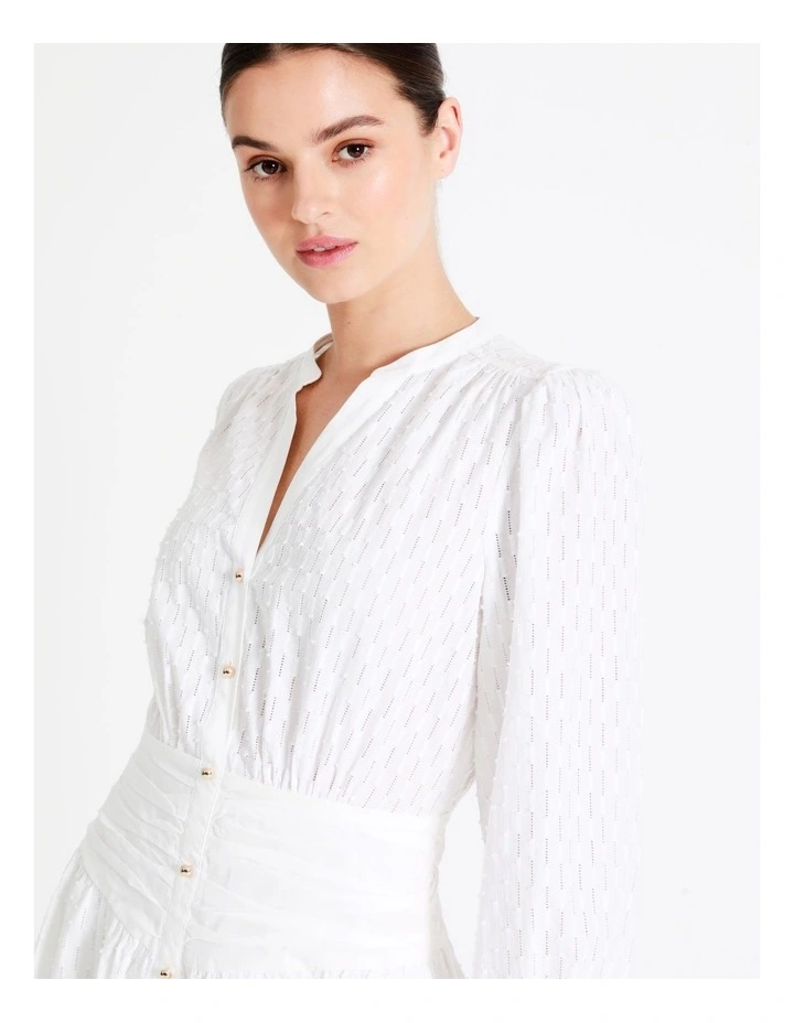 Organic Cotton Broderie Gathered Waist Mini Shirt Dress In White - Image 4