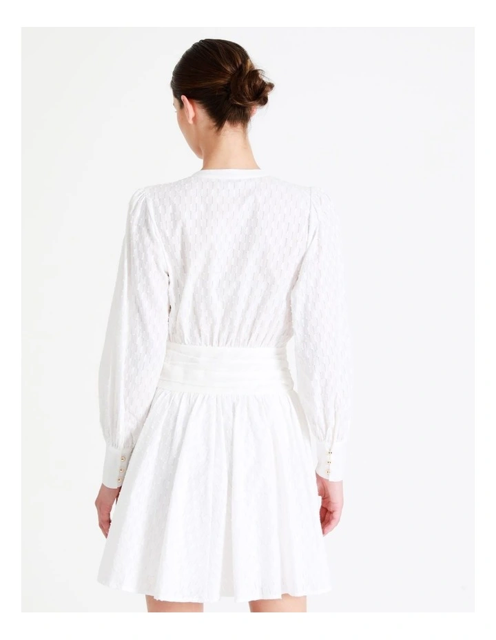 Organic Cotton Broderie Gathered Waist Mini Shirt Dress In White - Image 5