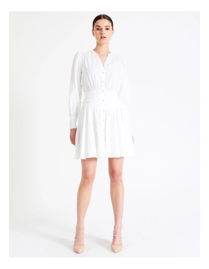Organic Cotton Broderie Gathered Waist Mini Shirt Dress In White - Image 6