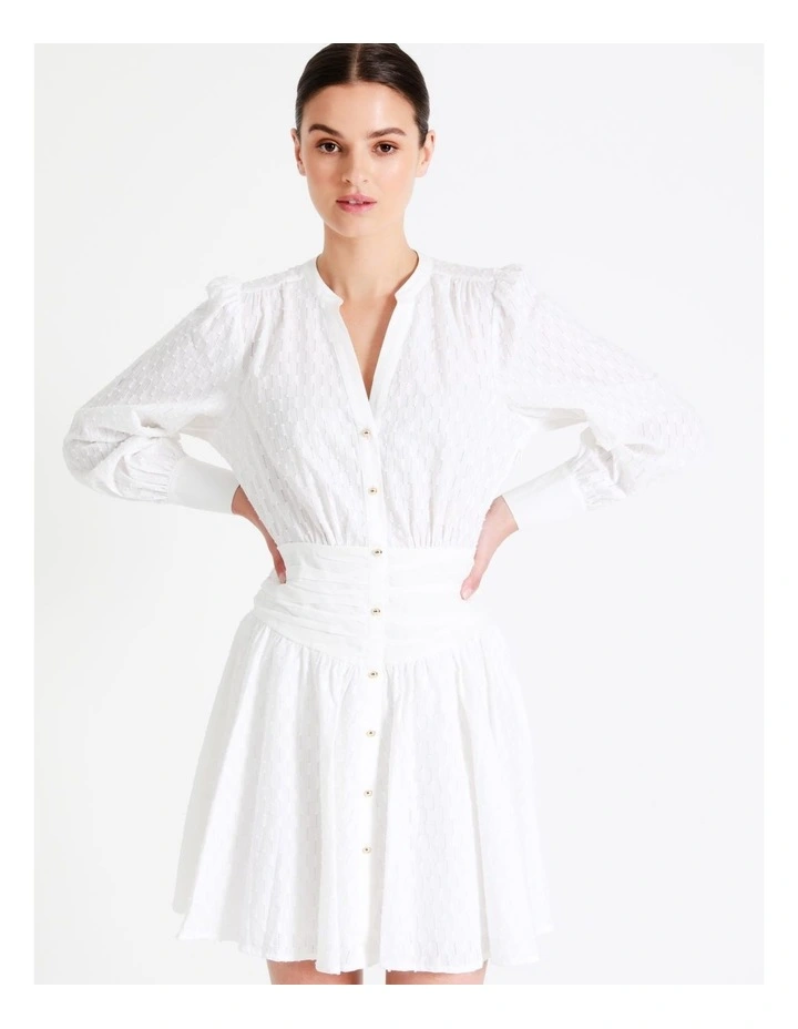 Organic Cotton Broderie Gathered Waist Mini Shirt Dress In White - Image 7