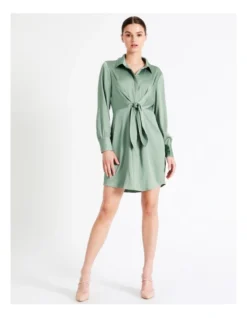 Recycled Tie Front Satin Mini Shirt Dress In Sage