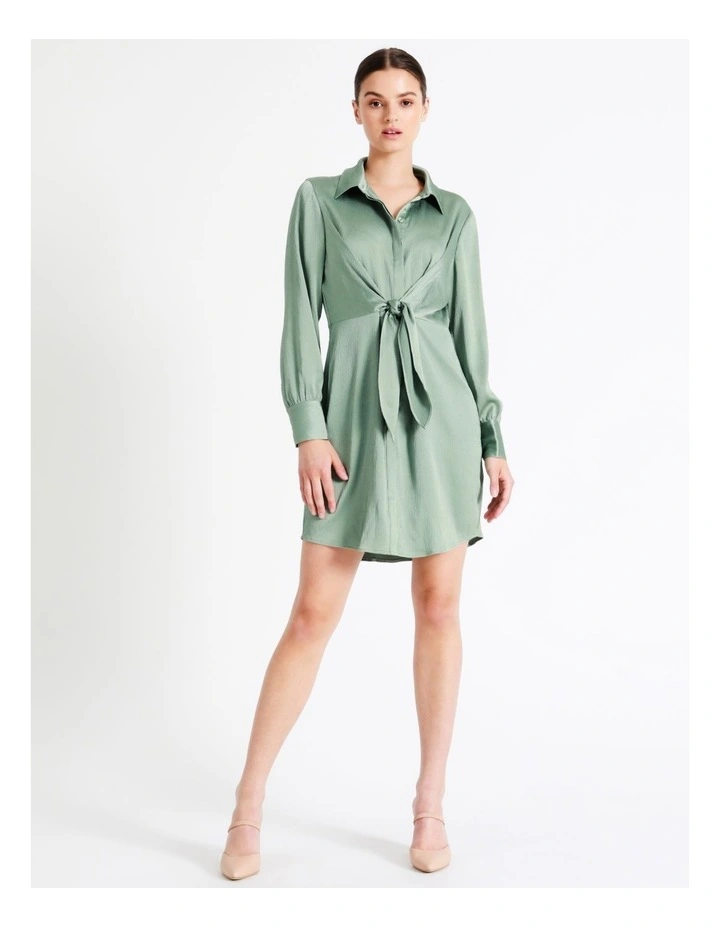 Recycled Tie Front Satin Mini Shirt Dress In Sage