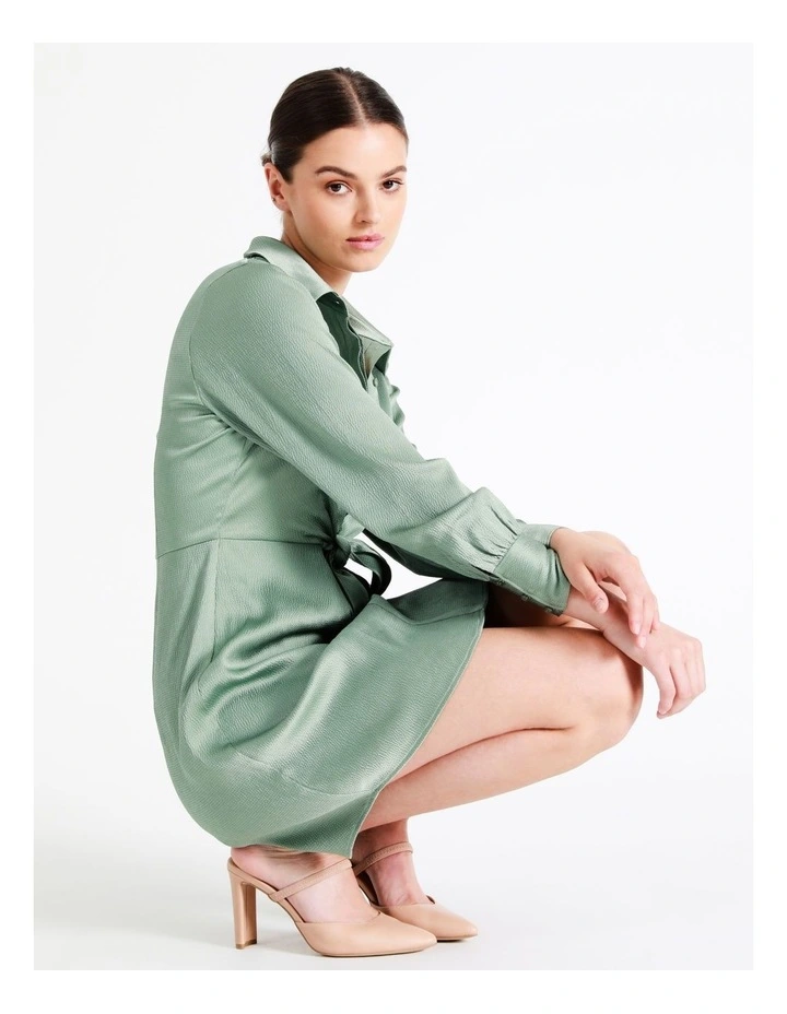 Recycled Tie Front Satin Mini Shirt Dress In Sage - Image 2