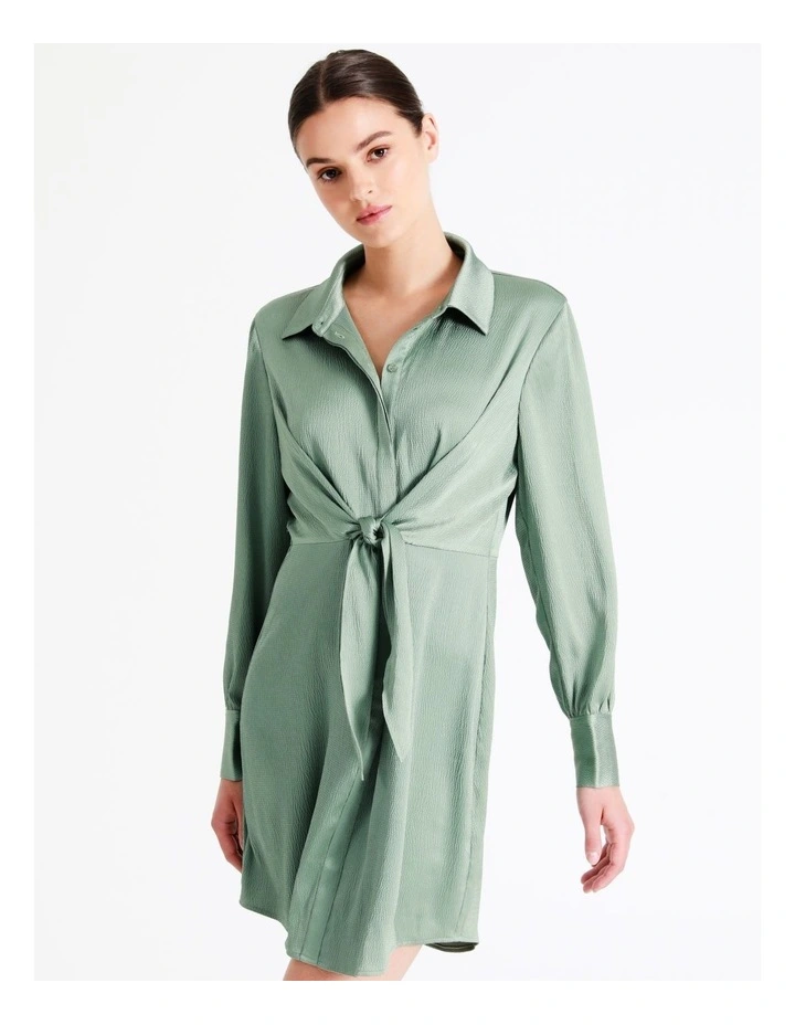 Recycled Tie Front Satin Mini Shirt Dress In Sage - Image 3
