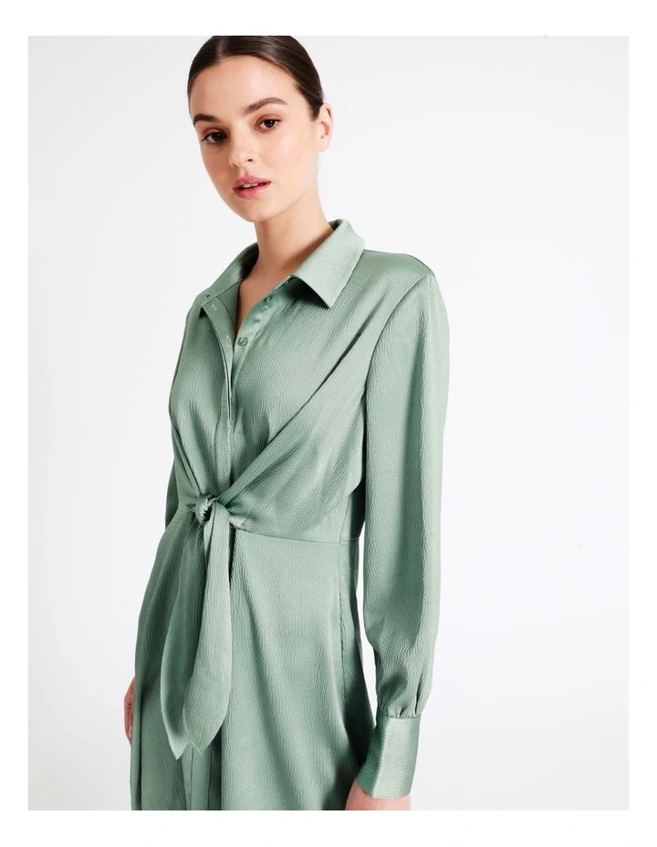 Recycled Tie Front Satin Mini Shirt Dress In Sage - Image 4