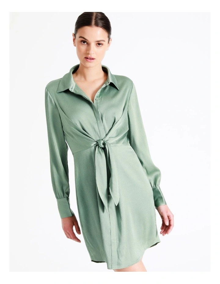 Recycled Tie Front Satin Mini Shirt Dress In Sage - Image 5