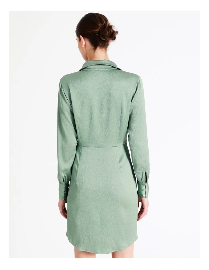 Recycled Tie Front Satin Mini Shirt Dress In Sage - Image 6