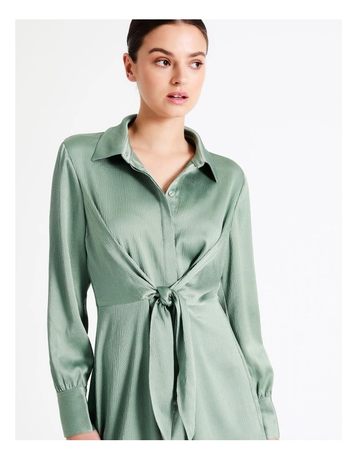 Recycled Tie Front Satin Mini Shirt Dress In Sage - Image 7