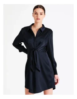 Recycled Tie Front Satin Mini Shirt Dress In Navy