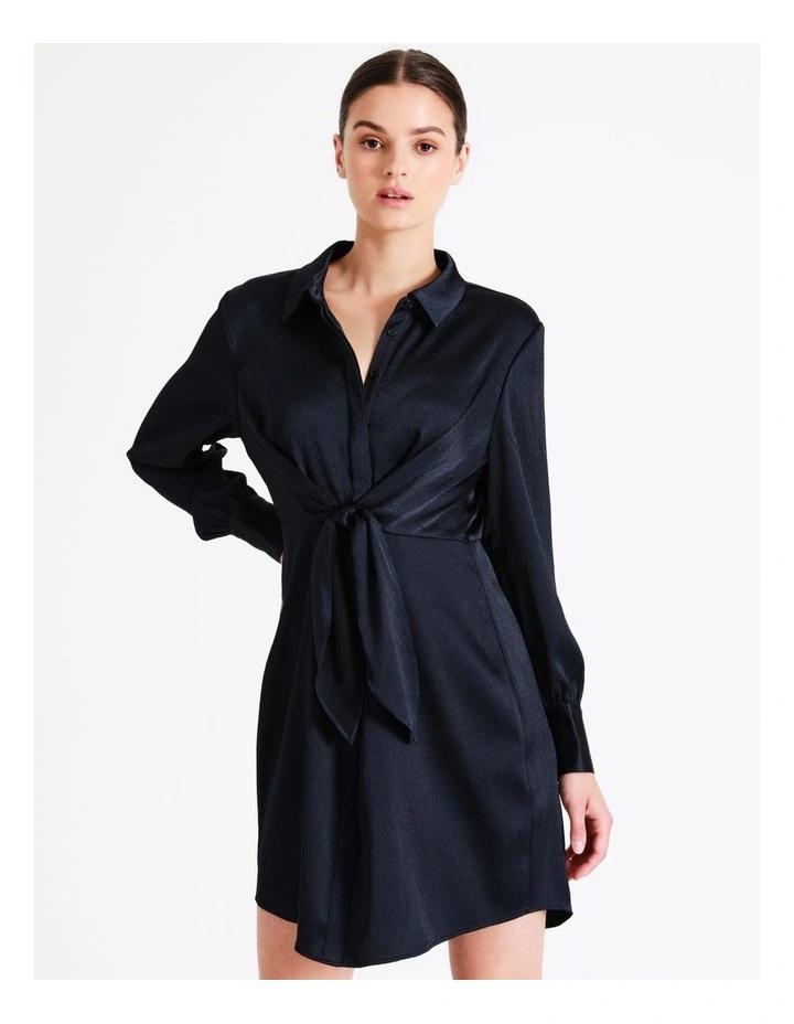 Recycled Tie Front Satin Mini Shirt Dress In Navy