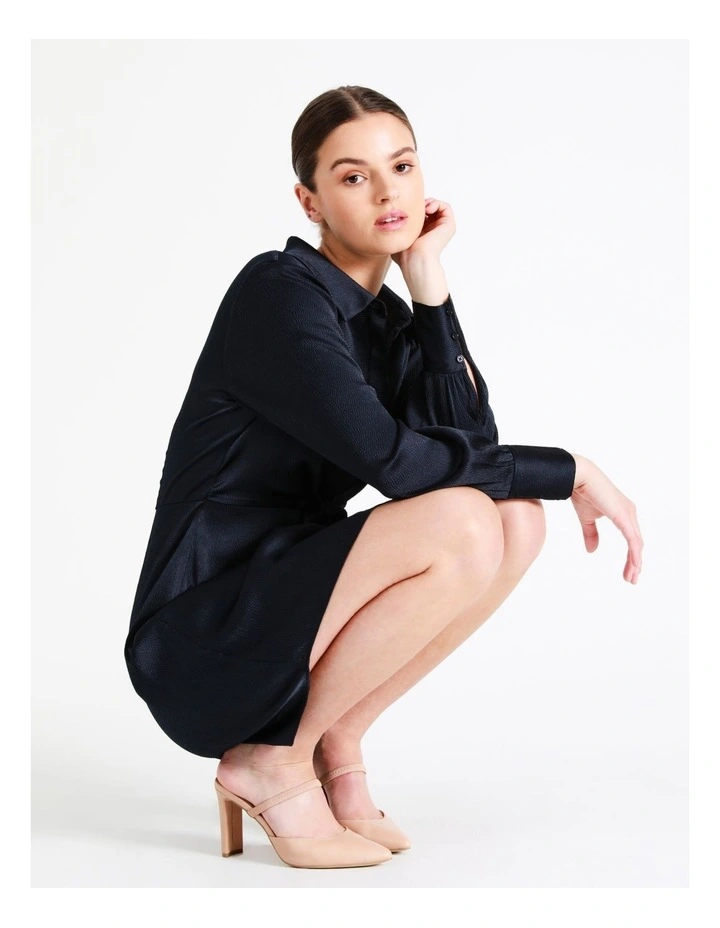 Recycled Tie Front Satin Mini Shirt Dress In Navy - Image 2