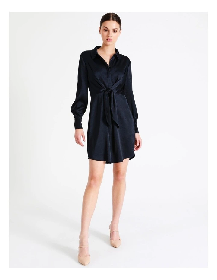 Recycled Tie Front Satin Mini Shirt Dress In Navy - Image 3