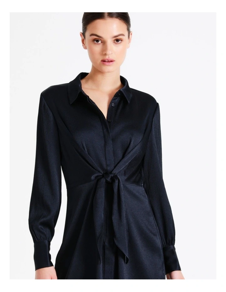 Recycled Tie Front Satin Mini Shirt Dress In Navy - Image 4