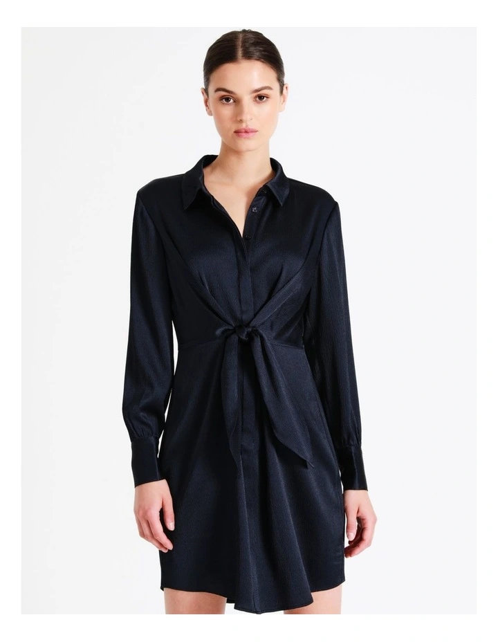 Recycled Tie Front Satin Mini Shirt Dress In Navy - Image 5