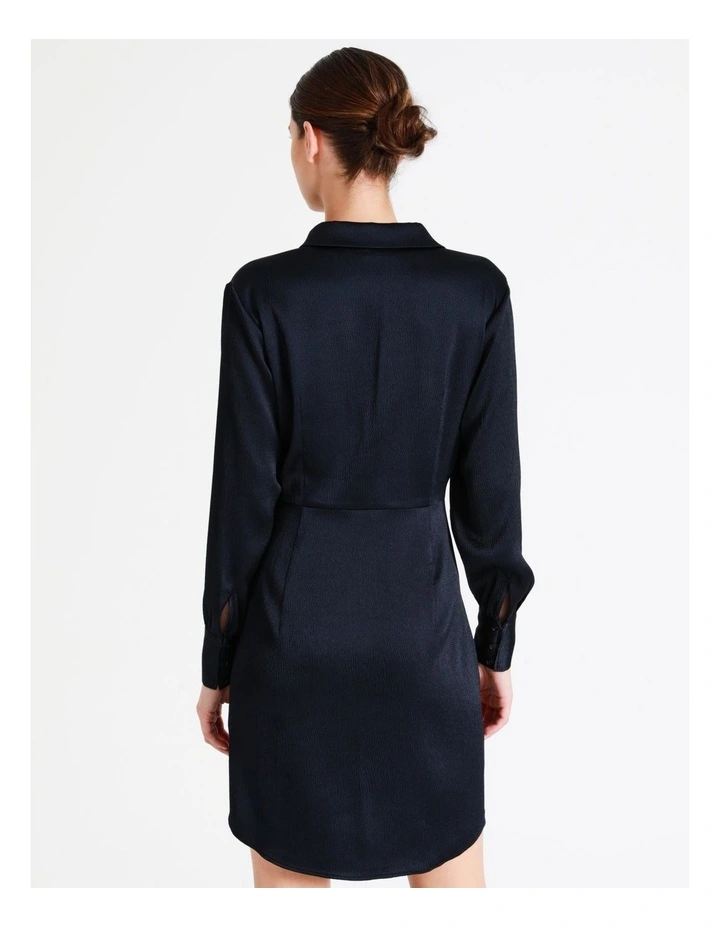 Recycled Tie Front Satin Mini Shirt Dress In Navy - Image 6
