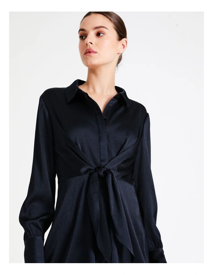 Recycled Tie Front Satin Mini Shirt Dress In Navy - Image 7