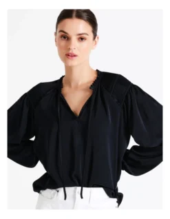 Recycled Satin Gathered Shoulder Blouse In Navy