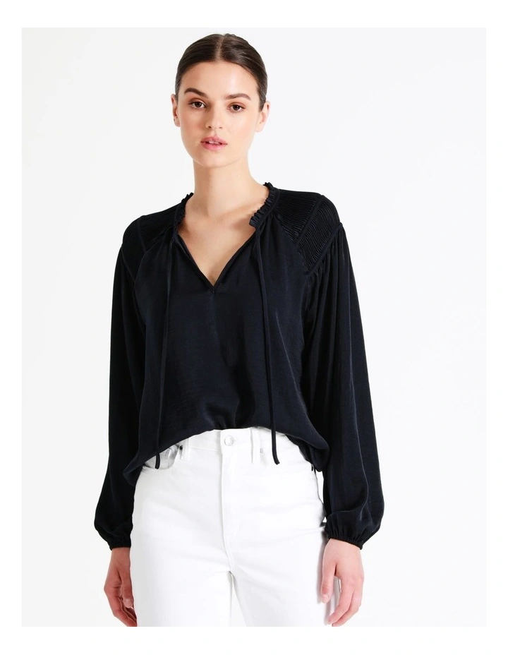 Recycled Satin Gathered Shoulder Blouse In Navy - Image 3