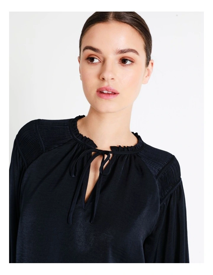 Recycled Satin Gathered Shoulder Blouse In Navy - Image 4