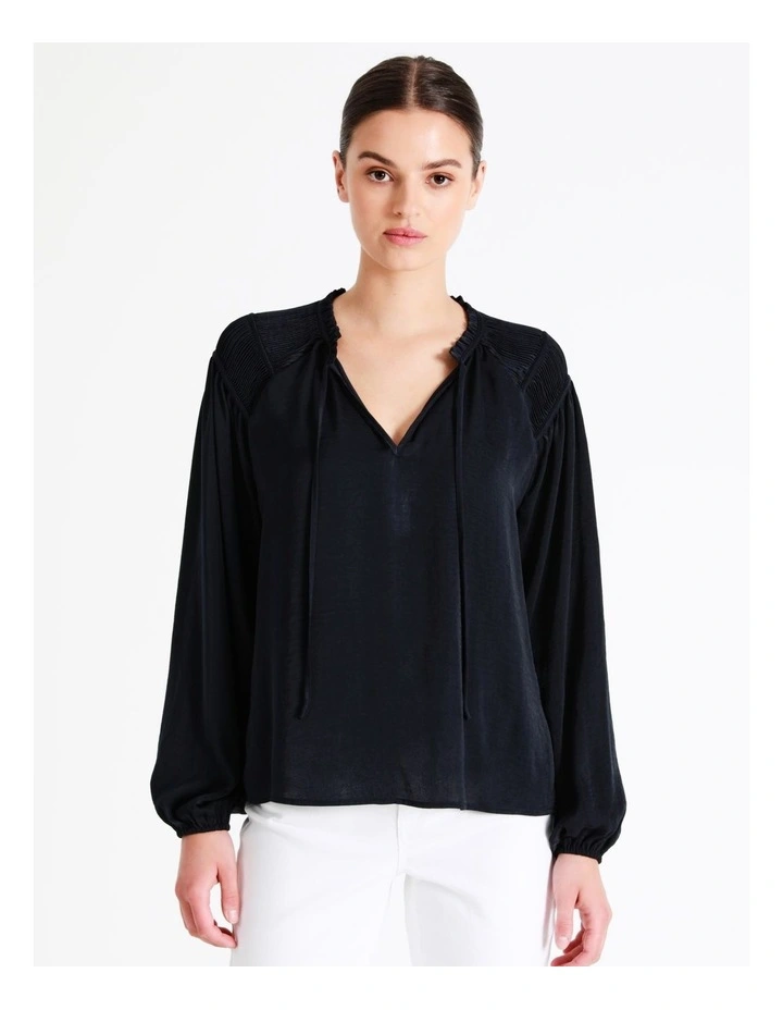 Recycled Satin Gathered Shoulder Blouse In Navy - Image 5