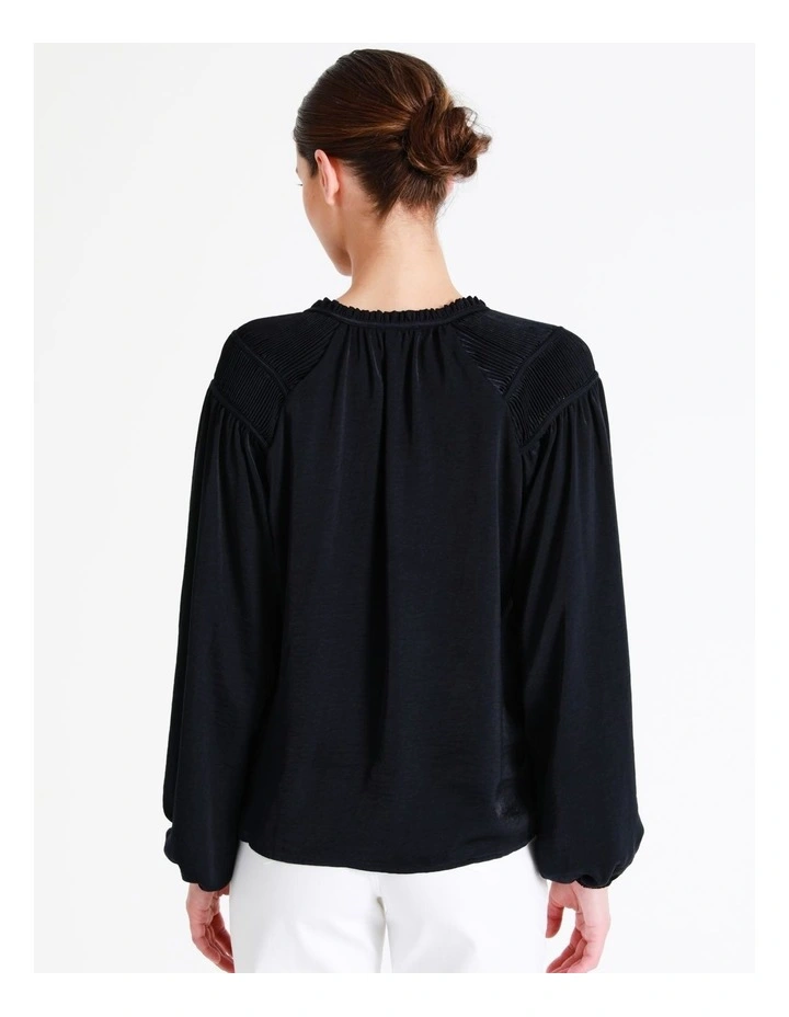 Recycled Satin Gathered Shoulder Blouse In Navy - Image 6