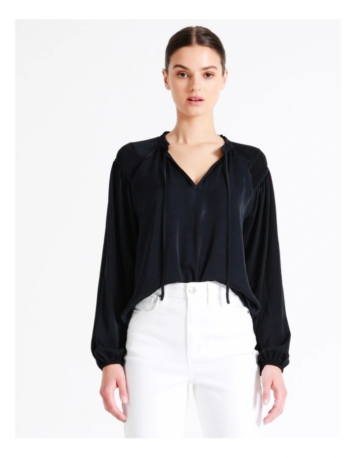 Recycled Satin Gathered Shoulder Blouse In Navy - Image 7