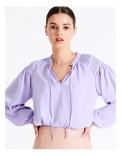Recycled Satin Gathered Shoulder Blouse In Lavender