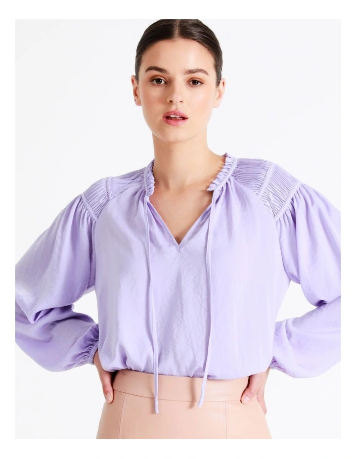 Recycled Satin Gathered Shoulder Blouse In Lavender