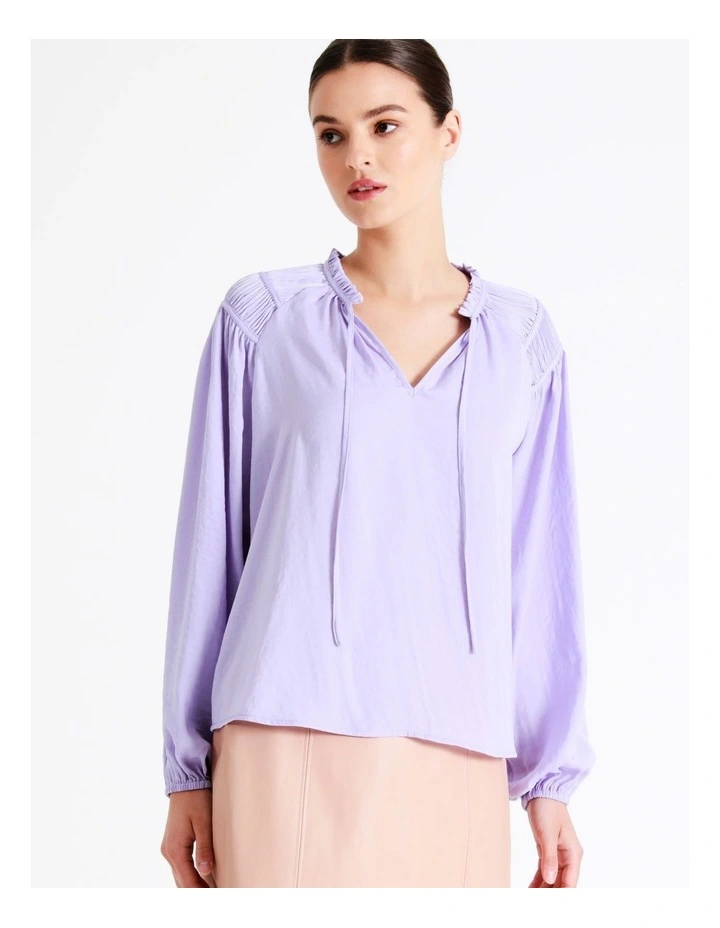 Recycled Satin Gathered Shoulder Blouse In Lavender - Image 5