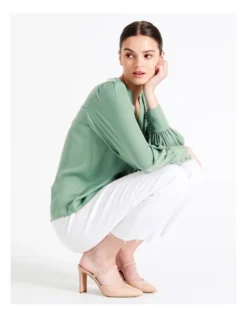 Recycled Blend Satin Notch Neck Blouse In Sage