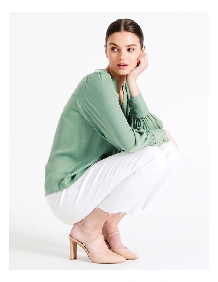 Recycled Blend Satin Notch Neck Blouse In Sage