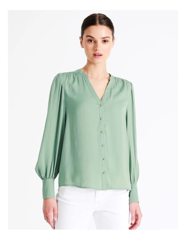 Recycled Blend Satin Notch Neck Blouse In Sage - Image 2