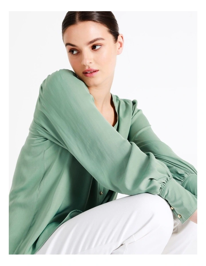 Recycled Blend Satin Notch Neck Blouse In Sage - Image 5