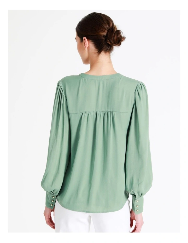 Recycled Blend Satin Notch Neck Blouse In Sage - Image 6