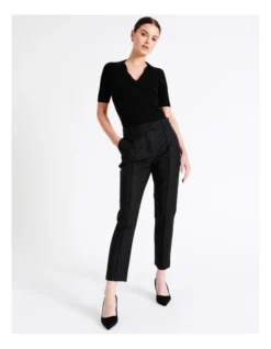 Pintuck Mid Rise Organic Blend Cotton Sateen Pants In Black