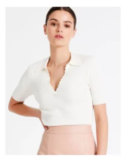 Rib Polo With Scallop Neck In White