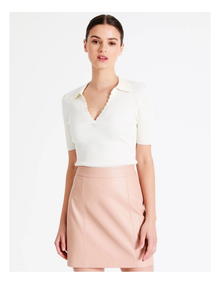 Rib Polo With Scallop Neck In White - Image 3