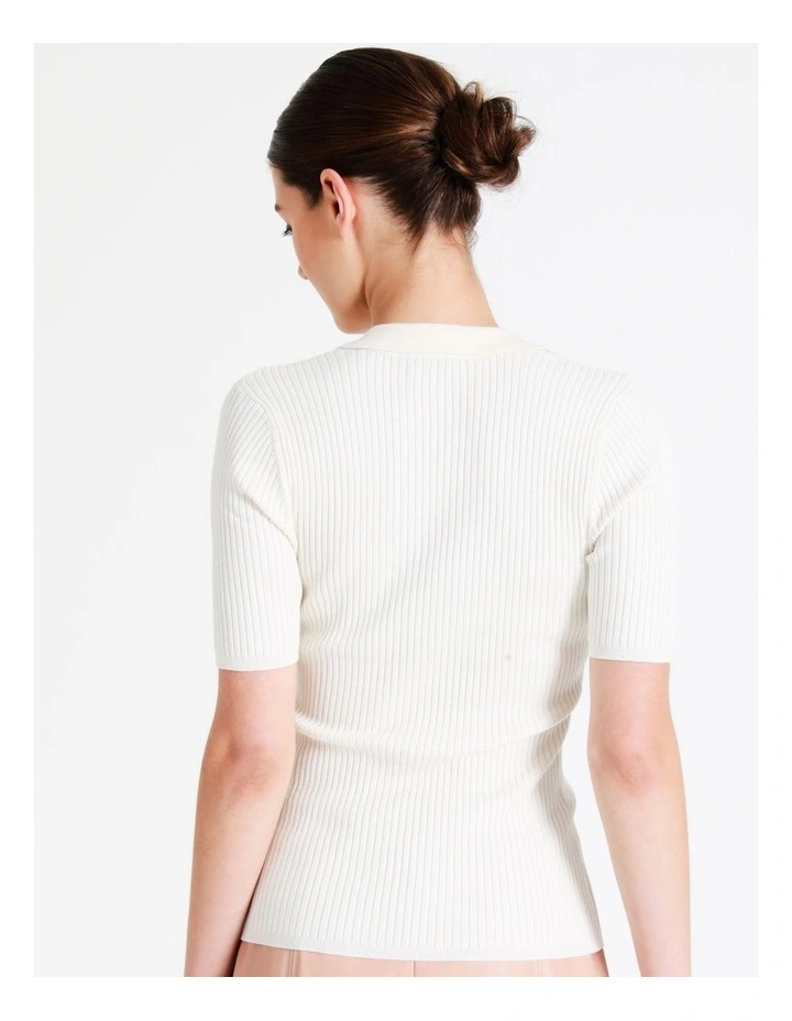 Rib Polo With Scallop Neck In White - Image 6