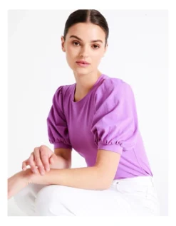 Puff Sleeve Organic Cotton Blend Tee In Purple