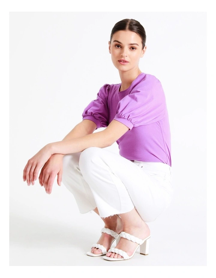 Puff Sleeve Organic Cotton Blend Tee In Purple - Image 2