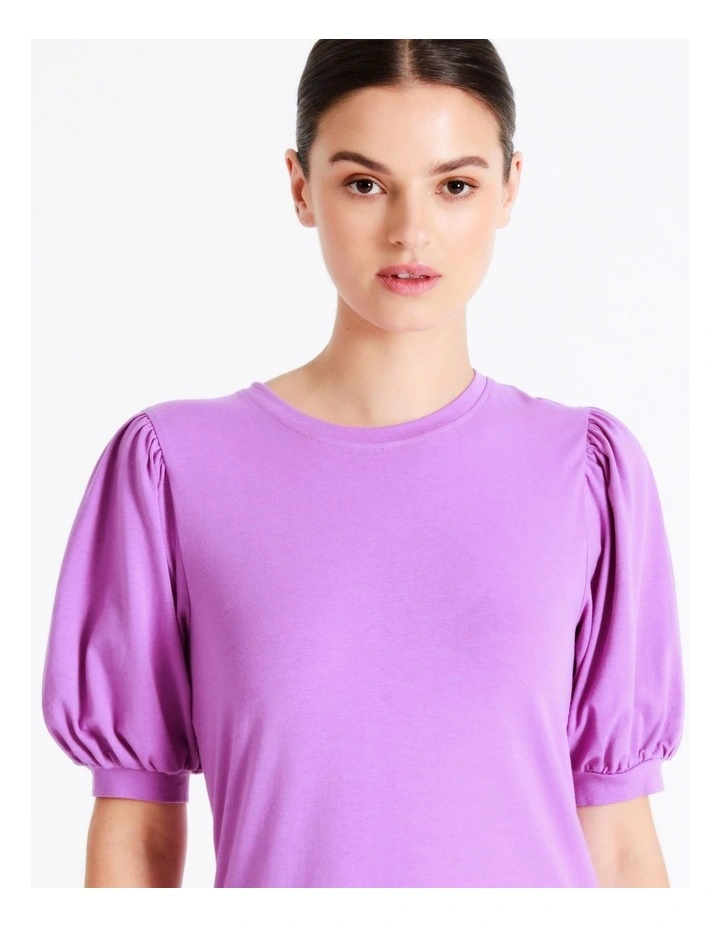 Puff Sleeve Organic Cotton Blend Tee In Purple - Image 4