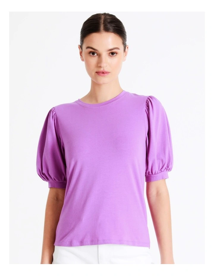 Puff Sleeve Organic Cotton Blend Tee In Purple - Image 5