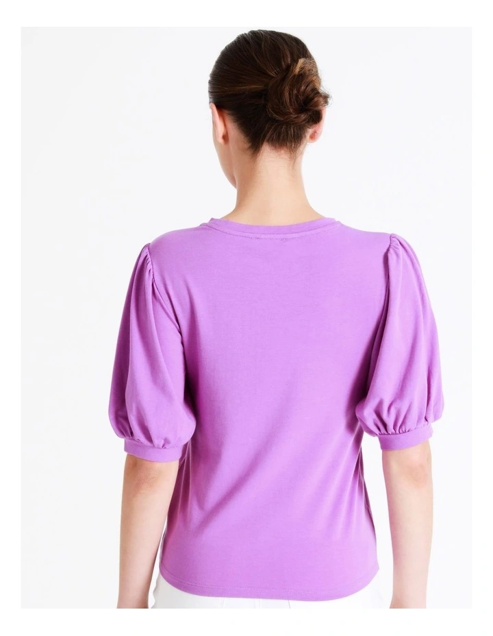 Puff Sleeve Organic Cotton Blend Tee In Purple - Image 6