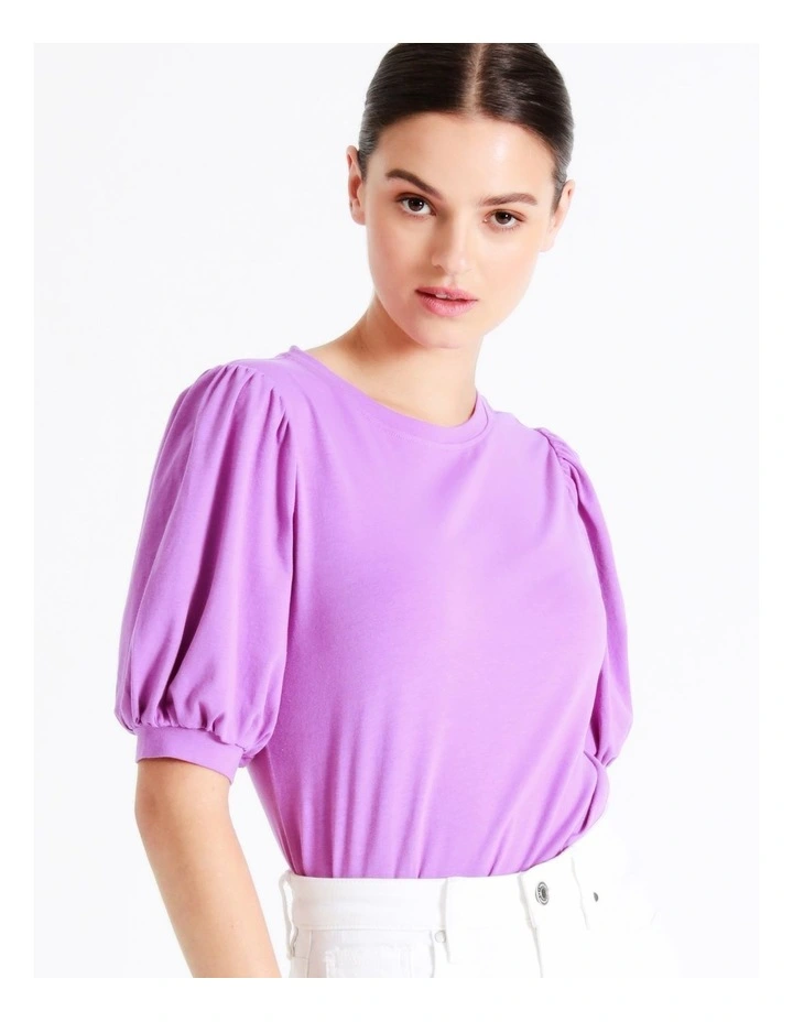Puff Sleeve Organic Cotton Blend Tee In Purple - Image 7