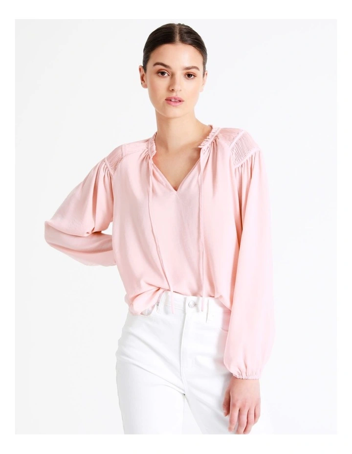 Recycled Satin Gathered Shoulder Blouse In Blush - Image 6