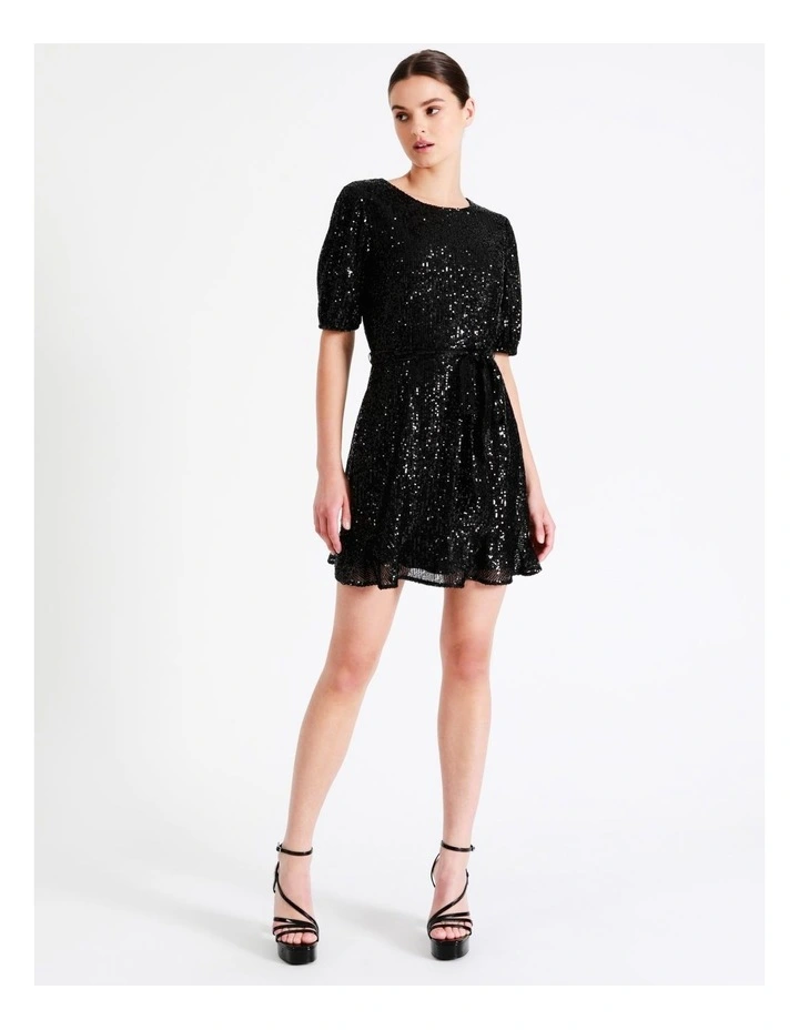 Sequin Puff Sleeve Mini Dress In Black